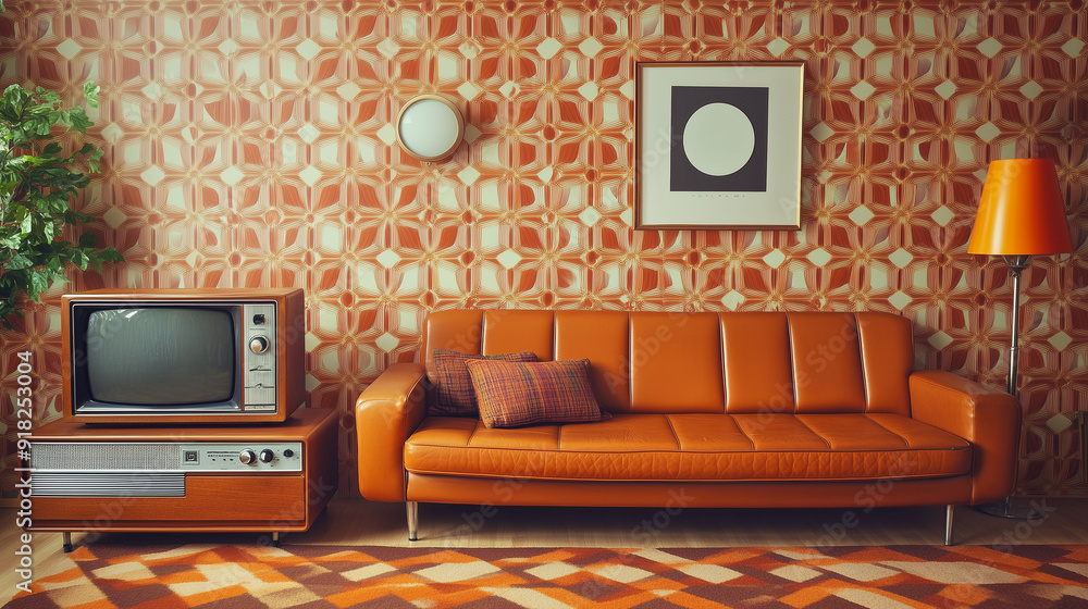 Wall mural a retro-style living room with a brown leather sofa, vibrant orange and brown geometric patterned wa