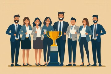 Obraz premium Diverse business team celebrating success and standing proudly around a golden trophy cup.