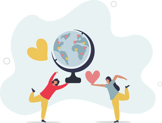 Cartoon tiny people donate love and hearts to world on globe of Earth.flat design with people.