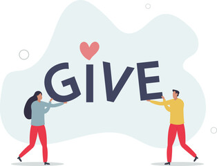 kind volunteers holding letter of Give word.flat design with people.