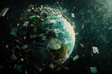 Obraz premium Planet Earth surrounded by a dense cloud of orbiting electronic waste and space debris in the dark void of outer space.