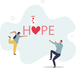 Cartoon tiny people holding hearts to throw into donation glass jar near Hope word.flat design with people.