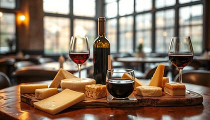 A sophisticated wine and cheese arrangement is elegantly displayed on a rustic wooden table in a chic restaurant. Warm lighting highlights the rich hues of the wine and textures of artisanal cheeses