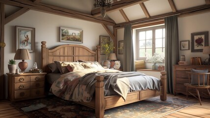 Charming farmhouse bedroom with rustic decor, cozy bedding, and natural light