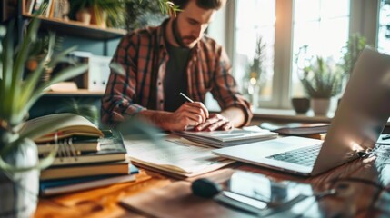 Obraz premium A focused man working at a cozy desk, writing notes with a laptop and plants, embodying a productive home office environment.