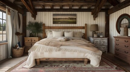 Charming farmhouse bedroom with rustic decor, cozy bedding, and natural light