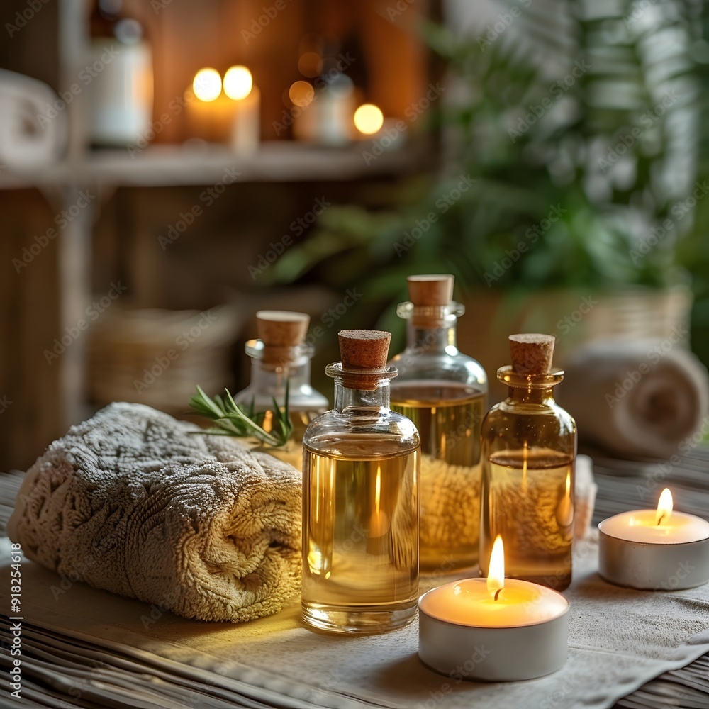 Poster luxury spa setting with aromatic oil bottles and candles creating a serene atmosphere