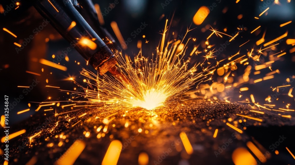 Poster sparks fly during metal welding - a close-up of a welding torch creating sparks as it cuts through m