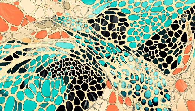 Abstract mosaic pattern of colorful, round, and oval shapes.