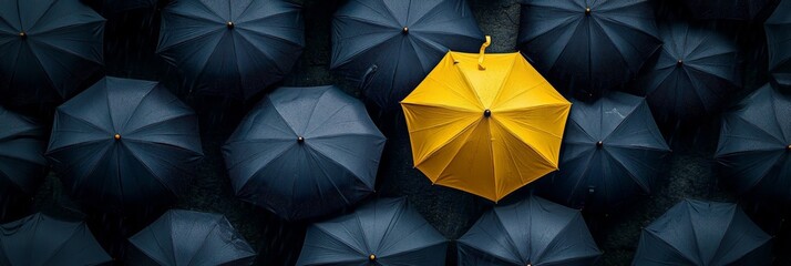 Stand Out From The Crowd With Your Unique Ideas - A yellow umbrella stands out from a group of black umbrellas symbolizing individuality, creativity, leadership,  innovation and success.