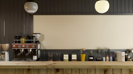 Empty Coffee Cup on Wooden Countertop in a Cafe with a Blank Sign.