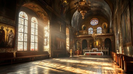 Obraz premium Sunlight Streaming Through Stained Glass Windows in a Cathedral Interior - A beautiful cathedral interior with sunlight streaming through stained glass windows, casting a warm glow on the wooden pews 