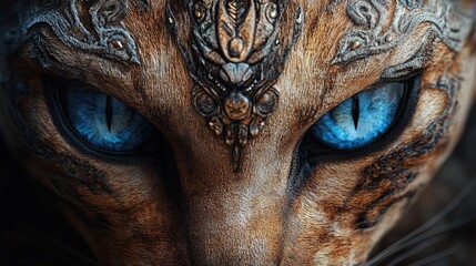 Enchanting Close-Up Portrait of a Human-Cat Hybrid: A Stunning Poster for Unique Sports Decor, Featuring Ornate Skin Designs, Piercing Blue Eyes, and a Somber Expression with Intricate Textures