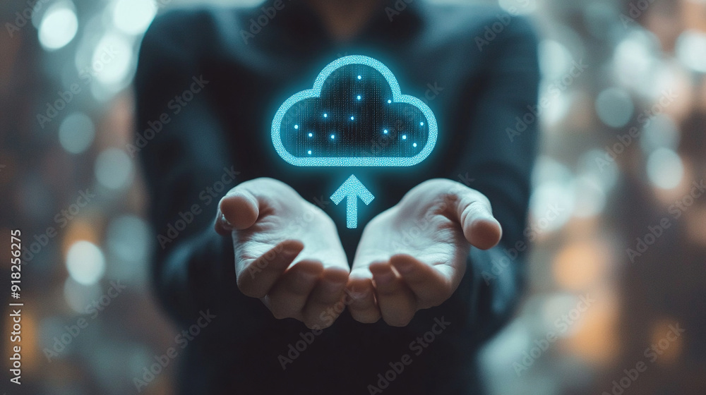 Poster digital data transfer concept. man holding hand with loading sign of cloud storage. digital technolo