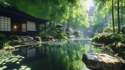 Tranquil Japanese Garden with Traditional House and Serene Pond - A serene Japanese garden with a traditional wooden house, a peaceful pond reflecting the lush greenery, and a path leading to a seclud