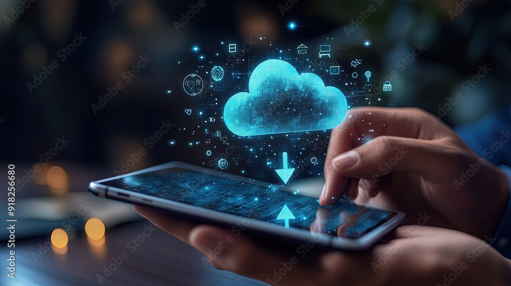 Poster digital data transfer concept. man holding hand with loading sign of cloud storage. digital technolo