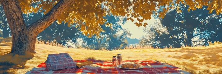Tranquil Picnic Under a Sun-Kissed Tree - A peaceful picnic scene with a checkered blanket spread beneath the shade of a majestic tree, symbolizing relaxation, nature, togetherness, summer, and outdoo