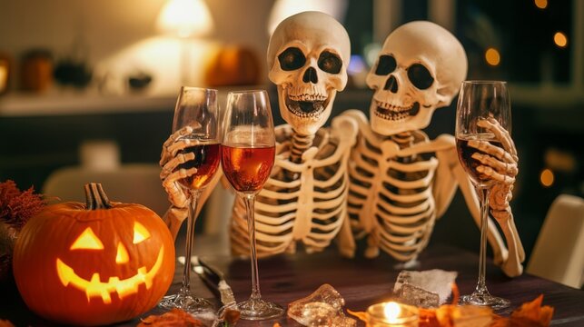 Druk Skeletons having party at home. Halloween funny design concept.