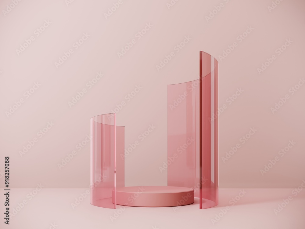 Poster 3d render of minimal glass podium, showcase. pink display surrounded by transparent abstract shapes 