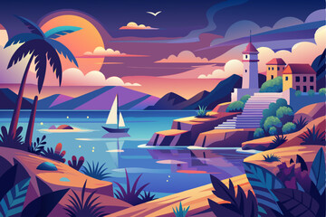 Obraz premium Sunset View of a Coastal Town with Sailboat and Palm Trees