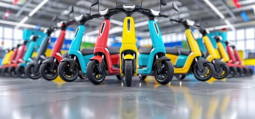 A row of colorful electric scooters parked in a garage. They are all facing the camera. The scooters are lined up in a semi circle.
