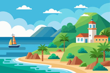 Fototapeta premium Coastal Landscape with Sailboat, Palm Trees, and House