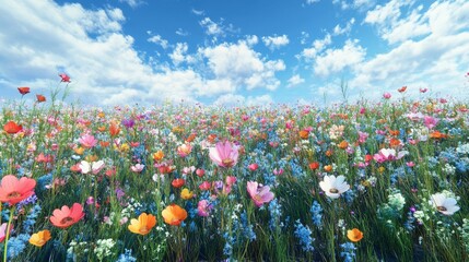 Obraz premium Vibrant Wildflower Meadow Under a Blue Sky - A vast field of wildflowers in full bloom, showcasing nature's beauty. The flowers are a mix of colors, adding vibrancy to the scene. The blue sky and whit