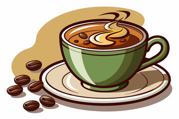 Green Cup of Coffee with Steam and Coffee Beans