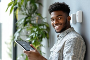 Smiling young black man using a latest technology tablet in his modern home automation