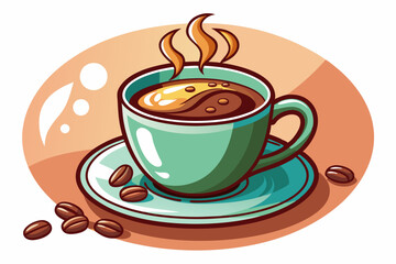 Obraz premium Green Coffee Cup with Steaming Coffee and Beans on a Saucer