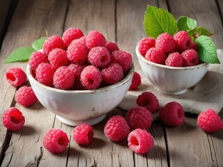 A white cup filled with bright raspberries, a few berries scattered on a distressed wooden floor,...