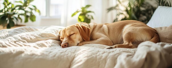 Content pup lying on a plush bed in a boutique pet hotel, surrounded by luxury, Generative AI, pet-friendly design
