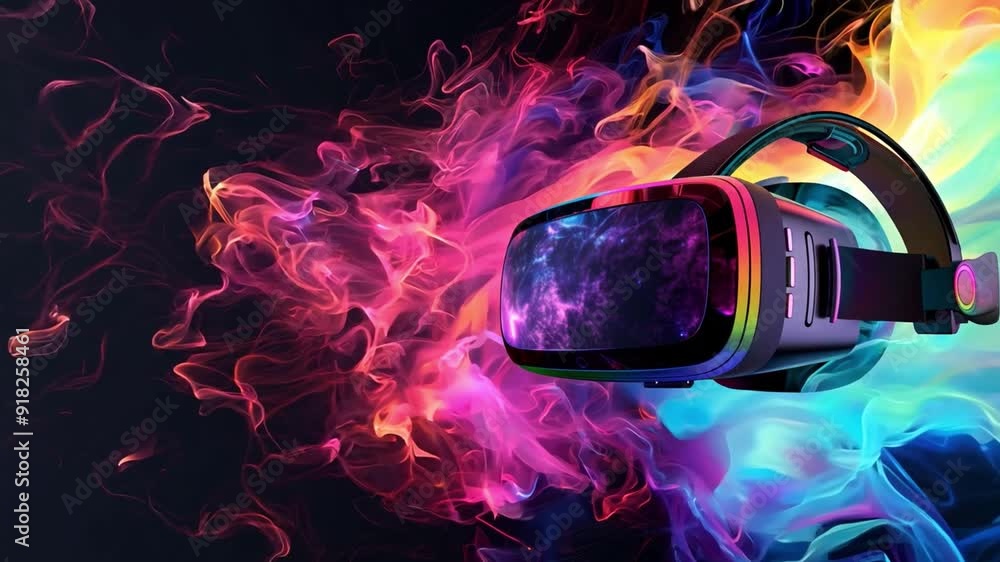 Poster a virtual reality headset is illuminated by colorful, swirling lights against a dark background, cre
