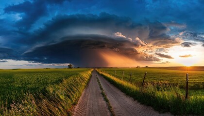Fototapeta premium Massive Supercell Thunderstorm Over Dirt Road and Green Fields at Sunset