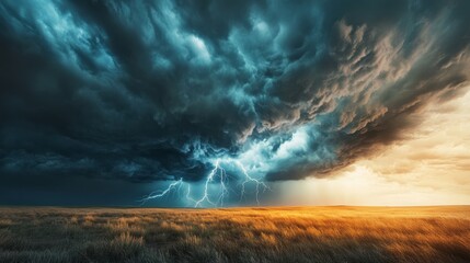a dramatic storm over vast prairies, with dark clouds, lightning strikes and heavy rain