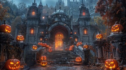 Obraz premium Fantasy castle courtyard adorned with grandiose jack-o'-lanterns, guarded by stone gargoyles