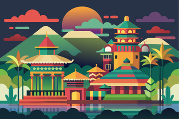 Fototapeta premium A Colorful, Stylized Landscape with Temples, Mountains, and Palm Trees