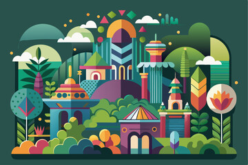 Fototapeta premium Colorful Geometric Cityscape with Lush Greenery and Buildings