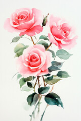 Watercolor pink roses color white background less