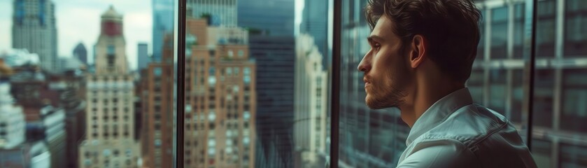 A man looking out a window in a highrise building, pensive, cityscape, muted colors