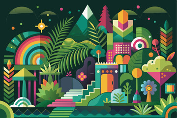 Obraz premium Geometric Abstract Landscape with Rainbow and Buildings