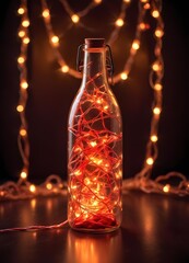 Colorful glass bottle filled with string lights, creating a vibrant and whimsical visual effect against a dark background