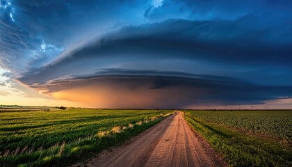 Massive Supercell Thunderstorm Over Dirt Road and Green Fields at Sunset