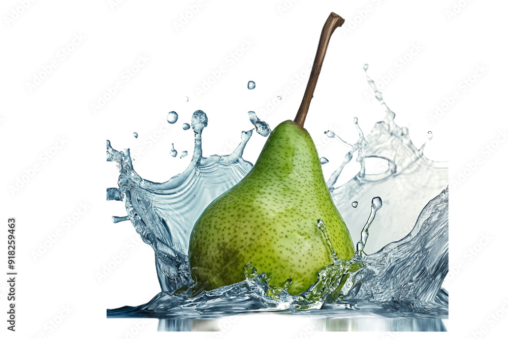 Poster a juicy green pear splashes into a pool of water, creating a vibrant and refreshing scene.