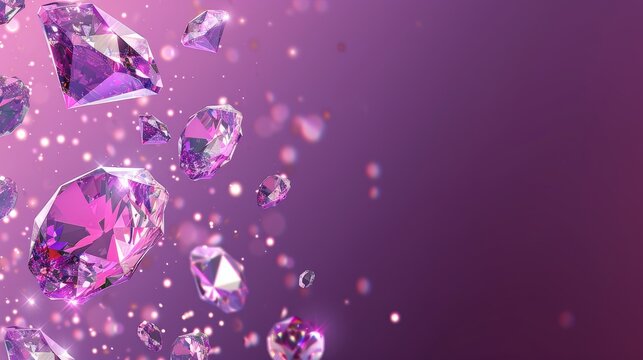 Assorted sparkling diamons gemstones on a gradient purple background.