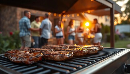 Steaks sizzle on the grill in a backyard, with a warm sunset casting a golden light. Blurred figures of people enjoy the lively, relaxed atmosphere.






