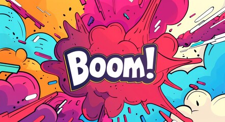 Fototapeta premium Vibrant comic book style explosion with ‘Boom!’ text, illustration banner for announcing crazy promotions.