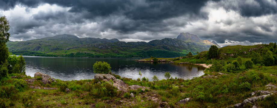 View Over Lake Loch Maree Near Talladale To Mountain Slioch In The Highlands Of Scotland, UK