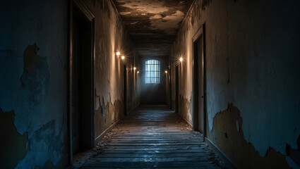 The narrow corridors were shrouded in darkness, with flickering lights casting eerie shadows on the peeling walls.