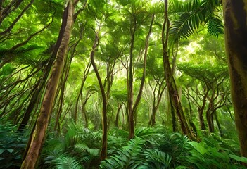 Naklejka premium Background view from the ground of multiple tall, standing trees in a dense forest. 